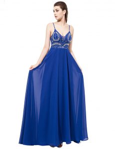 Superior Spaghetti Straps Sleeveless Prom Dresses With Train Sweep Train Beading Royal Blue Chiffon