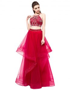 Red Organza Zipper High-neck Sleeveless Floor Length Prom Gown Beading