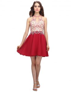 Decent Red Cocktail Dress Prom and Party and For with Beading High-neck Sleeveless Backless