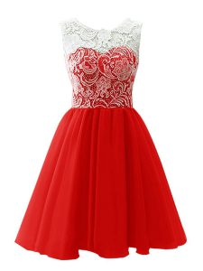 Delicate Scoop Red Chiffon Clasp Handle Prom Evening Gown Sleeveless Mini Length Lace