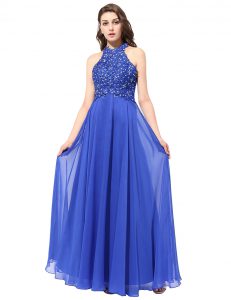 Designer Halter Top Blue Column/Sheath Beading and Lace Prom Evening Gown Backless Chiffon Sleeveless Floor Length