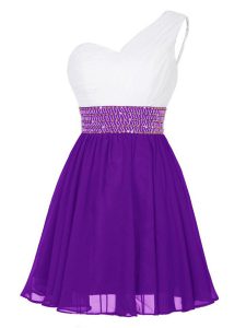 Flirting Mini Length White And Purple Prom Evening Gown One Shoulder Sleeveless Zipper