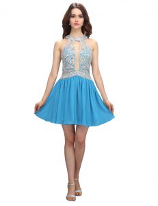 High Quality Scoop Sleeveless Chiffon Mini Length Zipper Cocktail Dress in Baby Blue with Beading