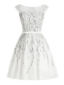 Exquisite Scoop White Cap Sleeves Beading Mini Length Prom Party Dress