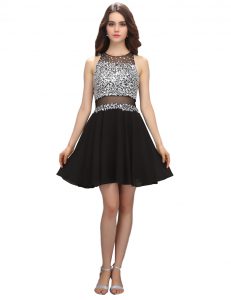 Edgy Scoop Mini Length Zipper Cocktail Dresses Black for Prom and Party with Beading