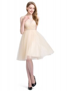 Fashionable Sleeveless Tulle Knee Length Clasp Handle Cocktail Dresses in Champagne with Beading and Lace