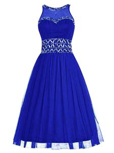 Luxury Knee Length Royal Blue Dress for Prom Scoop Sleeveless Zipper