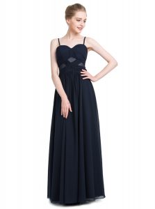 Black Empire Spaghetti Straps Sleeveless Chiffon Floor Length Zipper Ruching Prom Evening Gown