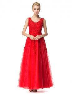 Noble Sleeveless Tulle Floor Length Lace Up Dress for Prom in Red with Beading and Appliques
