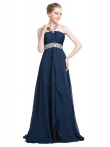 Strapless Sleeveless Prom Gown Floor Length Beading Blue Chiffon