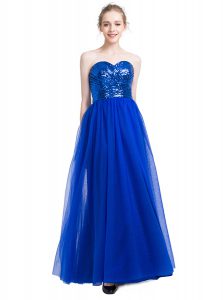 Beautiful Floor Length Royal Blue Prom Evening Gown Tulle Sleeveless Sequins