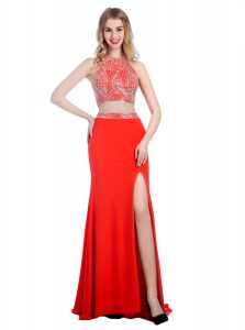 High-neck Sleeveless Prom Party Dress With Train Sweep Train Beading Coral Red Chiffon