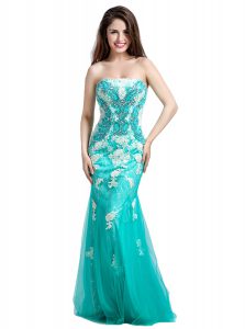 Lovely Mermaid Turquoise Sleeveless Floor Length Beading and Appliques Zipper Homecoming Dress