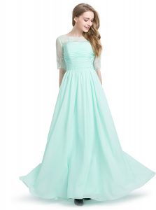 Glittering Scoop Half Sleeves Floor Length Lace Lace Up Cocktail Dresses with Turquoise