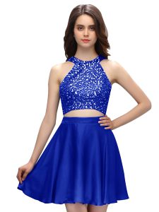Exquisite Scoop Mini Length Royal Blue Evening Dress Taffeta Sleeveless Beading
