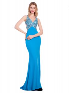 Baby Blue V-neck Clasp Handle Beading Evening Dress Sleeveless