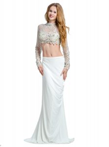High-neck Long Sleeves Chiffon Beading and Lace and Appliques Brush Train Backless