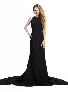 Scoop With Train Zipper Prom Party Dress Black for Prom and Party with Beading and Lace Brush Train