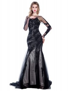 Mermaid Black Long Sleeves Tulle Court Train Zipper for Prom and Party
