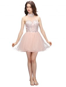Noble High-neck Sleeveless Cocktail Dresses Mini Length Beading Baby Pink Organza
