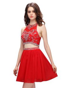 Simple Scoop Mini Length Red Evening Dress Chiffon Sleeveless Beading