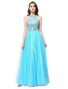 Scoop Tulle Sleeveless Floor Length Prom Evening Gown and Beading