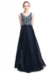 Wonderful Floor Length Zipper Prom Gown Black for Prom and Party with Beading
