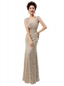 Sleeveless Sequined Floor Length Zipper in Champagne with Sequins