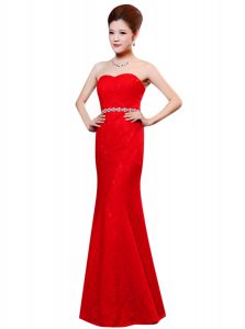 Beautiful Red Sleeveless Floor Length Beading and Lace Zipper Prom Party Dress