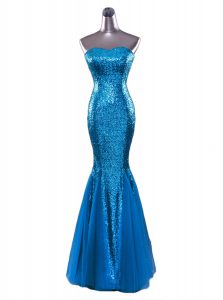 On Sale Mermaid Strapless Sleeveless Prom Party Dress Floor Length Sequins Blue Sequined