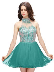 Teal Cocktail Dresses Prom and Party and For with Beading High-neck Sleeveless Zipper