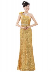 Glittering Sequins One Shoulder Sleeveless Zipper Prom Dresses Gold Sequined