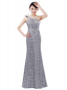 Enchanting One Shoulder Sleeveless Floor Length Sequins Zipper Prom Dresses with Silver