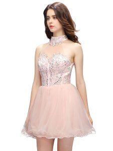 Sumptuous Pink Zipper High-neck Beading Cocktail Dresses Organza Sleeveless