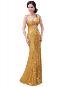 Gold Zipper Prom Evening Gown Sequins Sleeveless Floor Length