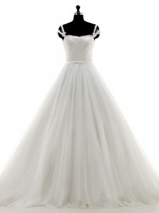 Best Selling White Tulle Lace Up Wedding Dresses Sleeveless With Brush Train Lace and Appliques