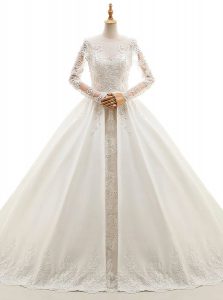 Spectacular White A-line Appliques Wedding Dresses Zipper Satin Long Sleeves With Train