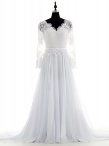 V-neck Long Sleeves Wedding Gowns With Brush Train Lace White Chiffon