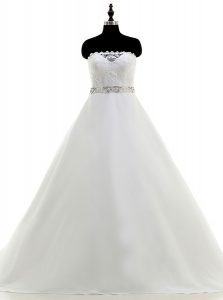 Sweet Organza Strapless Sleeveless Sweep Train Backless Beading and Lace Wedding Gowns in White