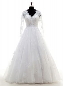 Glamorous White Organza Clasp Handle Bridal Gown Long Sleeves Floor Length Beading and Lace and Appliques