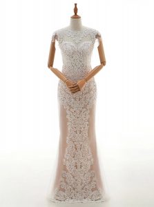 Eye-catching Champagne Cap Sleeves Floor Length Lace Zipper Wedding Gown