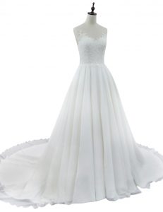 Fine Sleeveless Chiffon With Train Court Train Zipper Wedding Dress in White with Lace