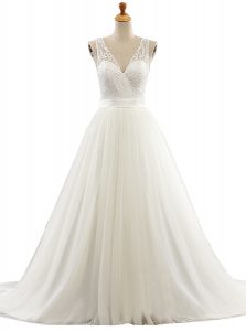 Tulle Sleeveless With Train Wedding Dress Brush Train and Lace