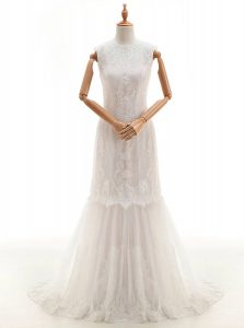 Shining White Column/Sheath High-neck Sleeveless Lace With Brush Train Clasp Handle Lace Wedding Gowns