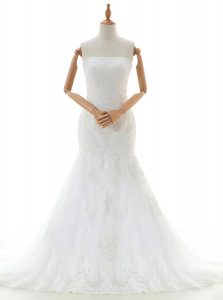 Discount White Mermaid Strapless Sleeveless Lace With Brush Train Clasp Handle Lace and Appliques Wedding Gown