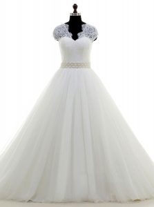 White Ball Gowns V-neck Cap Sleeves Tulle With Brush Train Clasp Handle Beading and Lace Wedding Dresses