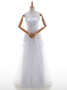 Custom Designed Tulle Scoop Sleeveless Brush Train Lace Up Lace and Appliques Wedding Dresses in White