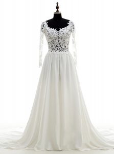 Captivating White Scoop Backless Lace Wedding Dress Brush Train Long Sleeves
