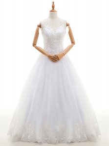 Captivating Halter Top Sleeveless Organza Floor Length Lace Up Bridal Gown in White with Lace and Appliques