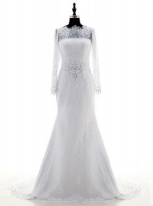Affordable Lace White Long Sleeves Brush Train Appliques With Train Wedding Dress